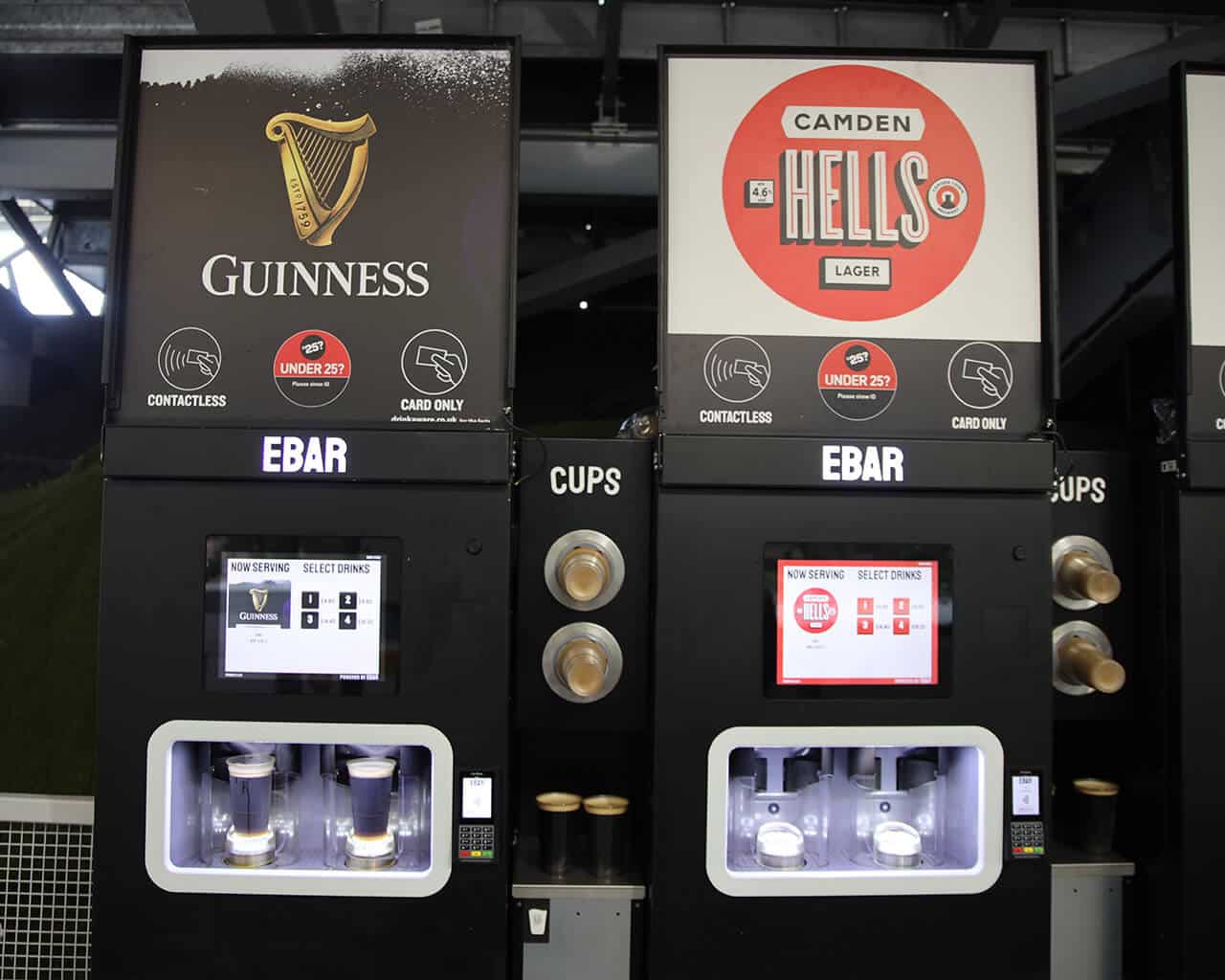 Two mobile EBar units, pouring Guinness and Camden Hells lager, at Craven Cottage, Fulham FC