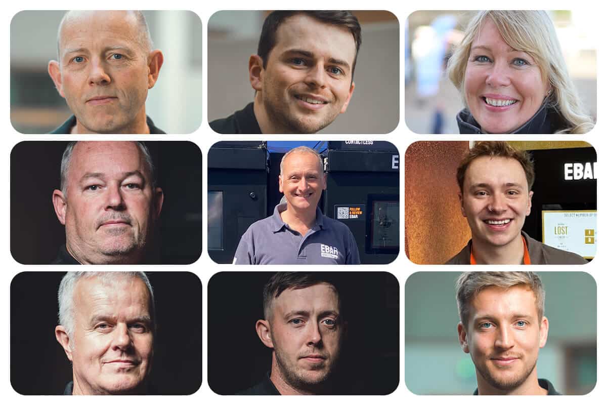 A collage of 9 smaller images showing the men and women in the EBar team